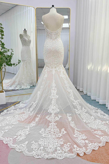 Trumpet-Mermaid Chapel Train Lace Tulle Wedding Dress CW3251 - COCOMELODY