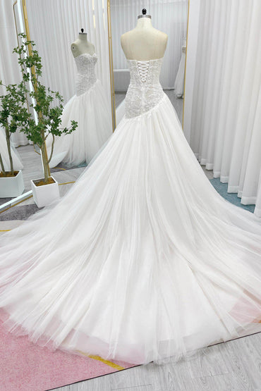 Trumpet-Mermaid Chapel Train Lace Tulle Wedding Dress CW3254 - COCOMELODY