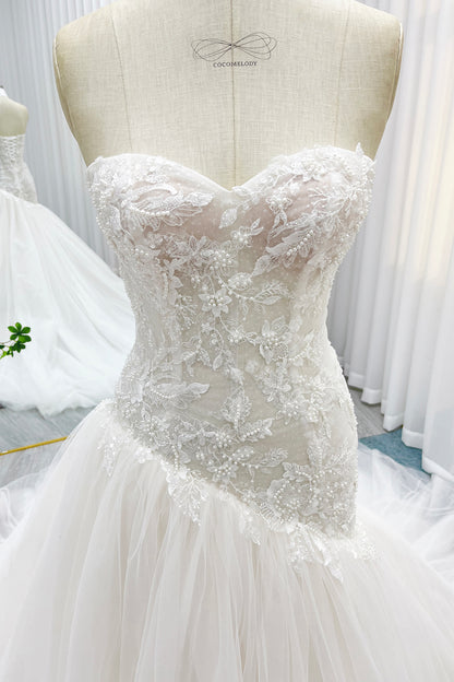 Trumpet-Mermaid Chapel Train Lace Tulle Wedding Dress CW3254