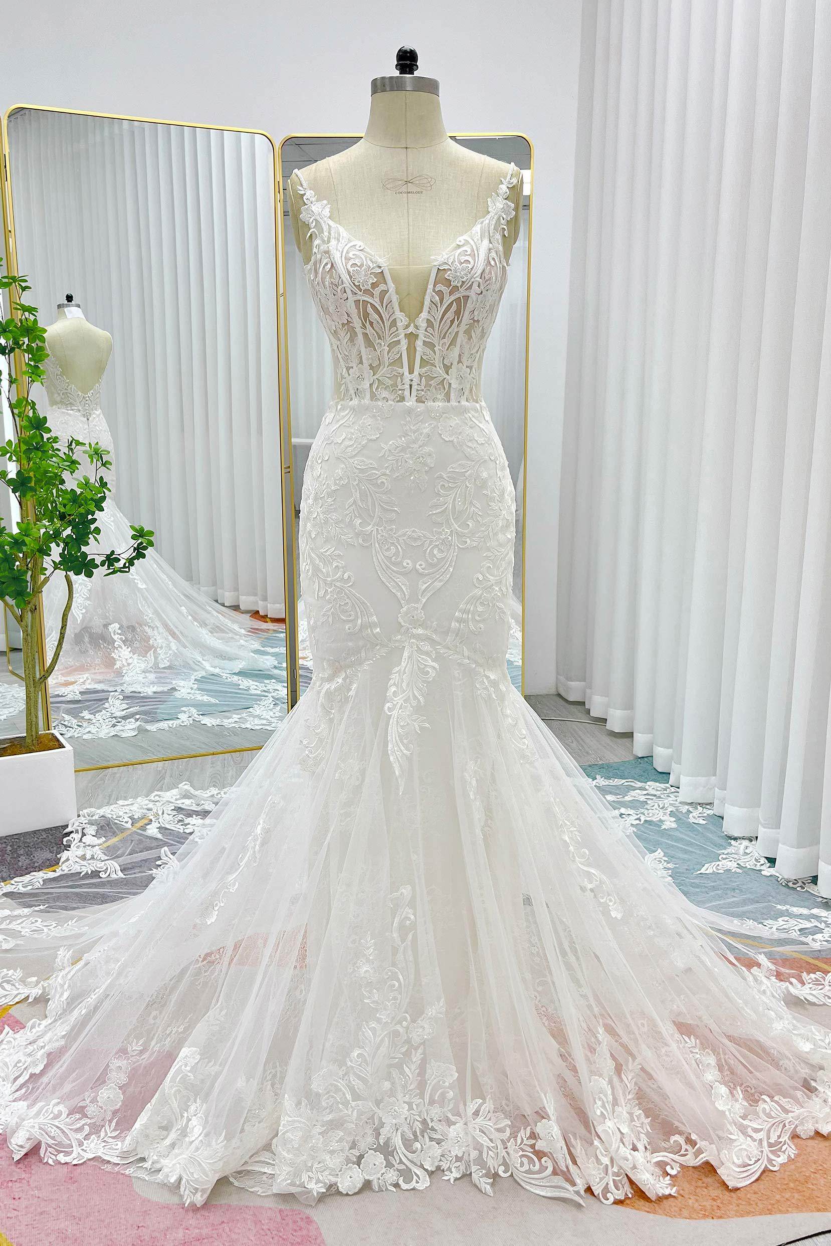 Trumpet-Mermaid Cathedral Train Lace Tulle Wedding Dress COCOMELODY CW3256, 45 Days / Ivory / US6-UK8-EUR36 Trumpet-Mermaid Cathedral Train Lace Tulle Wedding Dress COCOMELODY CW3256, 45 Days / Ivory / US6-UK8-EUR36