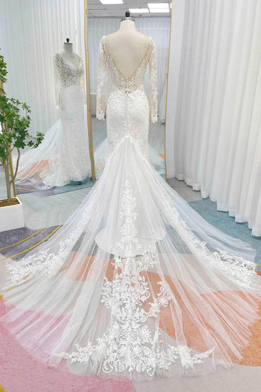 Trumpet-Mermaid Chapel Train Lace Tulle Wedding Dress CW3258 - COCOMELODY