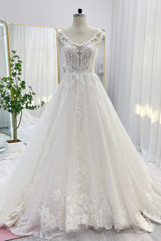 Ball Gown Cathedral Train Lace Tulle Wedding Dress CW3259