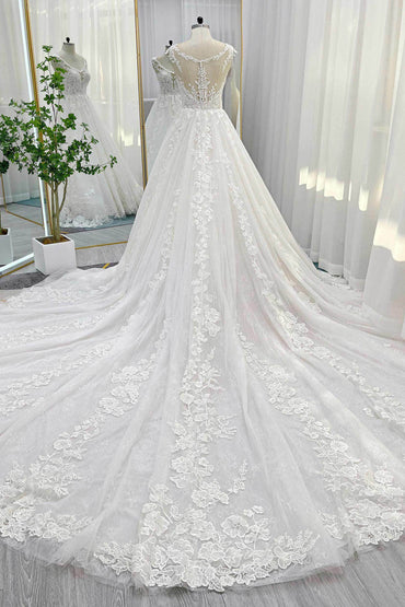 Ball Gown Cathedral Train Lace Tulle Wedding Dress CW3259 - COCOMELODY