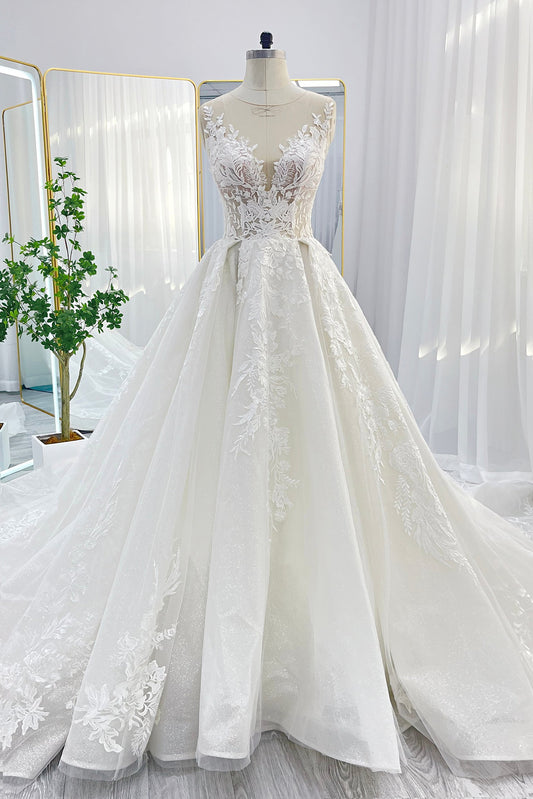 A-Line Chapel Train Lace Tulle Wedding Dress CW3260