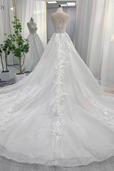 A-Line Chapel Train Lace Tulle Wedding Dress CW3260 - COCOMELODY