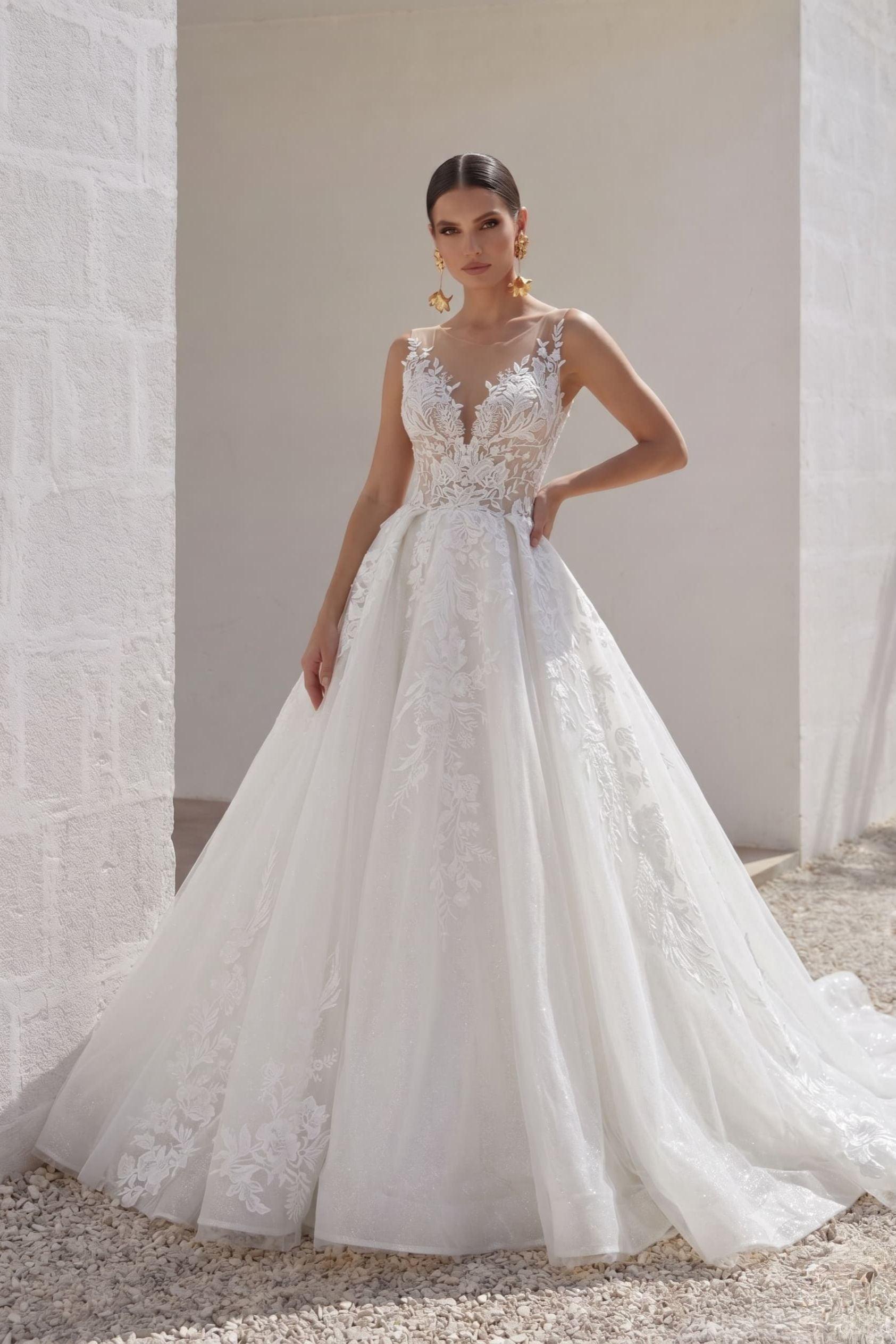 A-Line Chapel Train Lace Tulle Bridal Wedding Dress with V-Neck