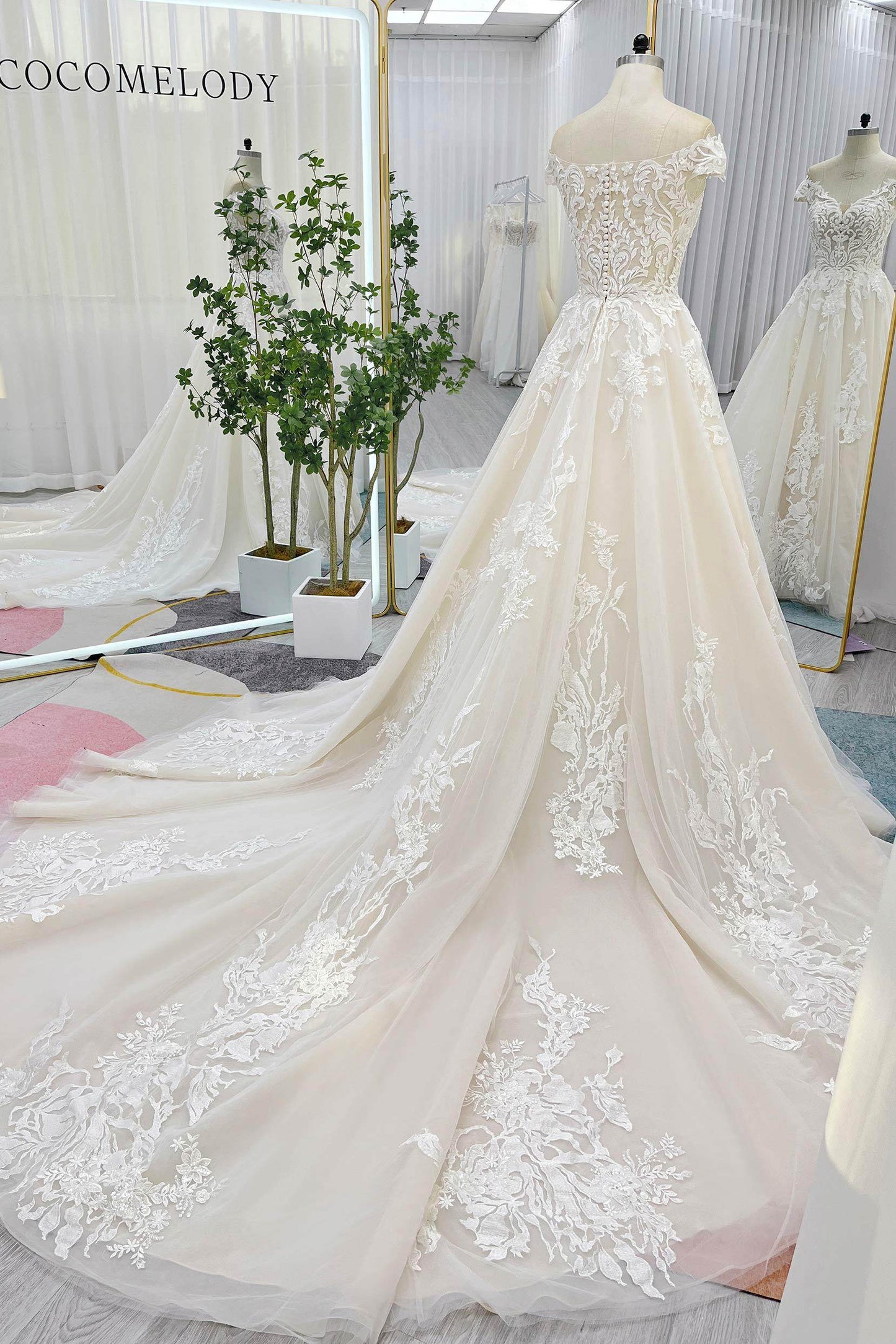 Ball Gown Chapel Train Lace Tulle Wedding Dress CW3261 - COCOMELODY