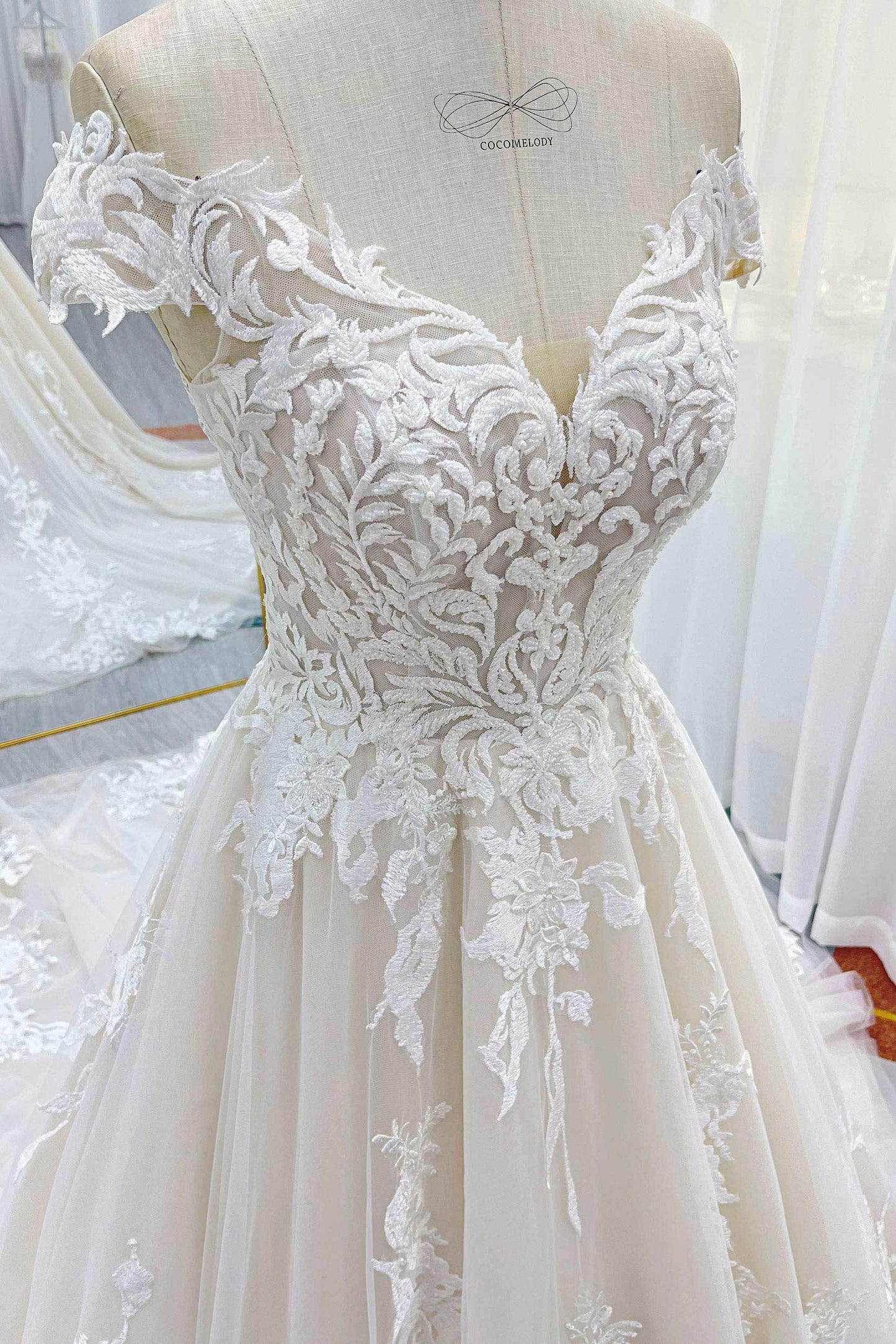 Ball Gown Chapel Train Lace Tulle Wedding Dress CW3261 - COCOMELODY