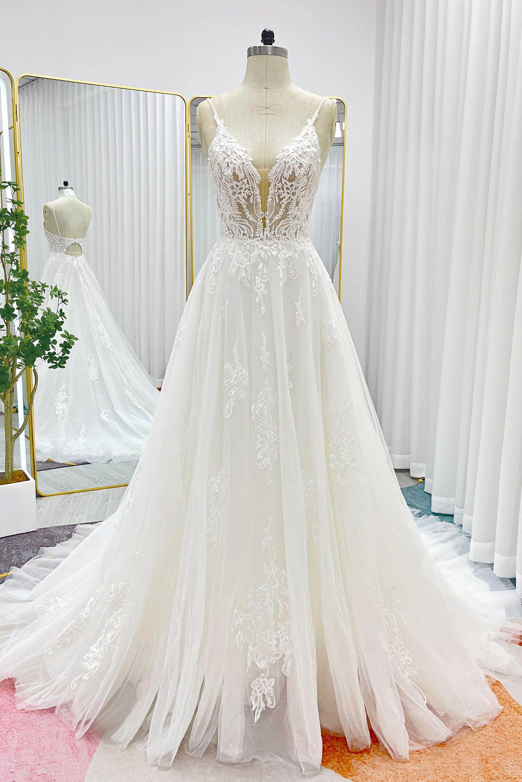 A-Line V-Neck Natural Court Train Lace Tulle Wedding Dress COCOMELODY CW3268, 35 Days / Ivory / US14-UK16-EUR44 A-Line V-Neck Natural Court Train Lace Tulle Wedding Dress COCOMELODY CW3268, 35 Days / Ivory / US14-UK16-EUR44