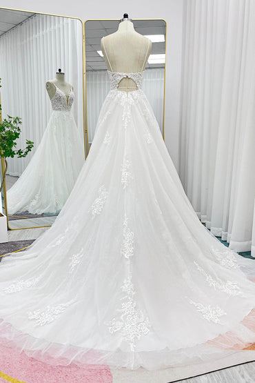 A-Line Court Train Lace Tulle Wedding Dress CW3268 - COCOMELODY