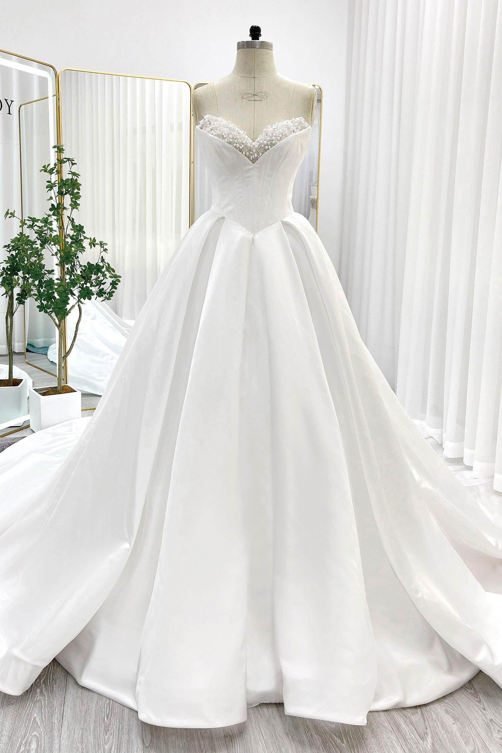 Ball Gown Strapless Chapel Train Satin Sleeveless Lace Up-Corset