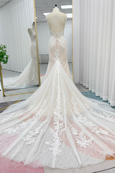 Trumpet-Mermaid Chapel Train Lace Tulle Wedding Dress CW3273 - COCOMELODY