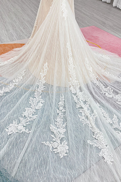 Trumpet-Mermaid Chapel Train Lace Tulle Wedding Dress CW3273