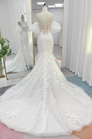 Trumpet-Mermaid Chapel Train Lace Tulle Wedding Dress CW3274 - COCOMELODY