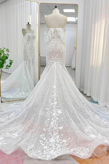 Trumpet-Mermaid Court Train Lace Tulle Wedding Dress CW3275 - COCOMELODY