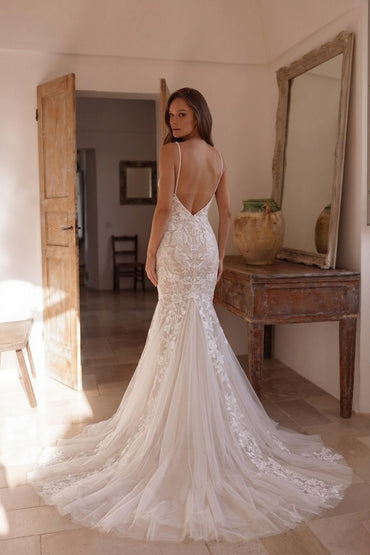 Trumpet-Mermaid Chapel Train Lace Tulle Wedding Dress CW3276 - 45 Days / As Picture:Ivory/Nude / US0-UK2-EUR30 - COCOMELODY