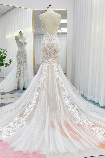 Trumpet-Mermaid Chapel Train Lace Tulle Wedding Dress CW3276 - COCOMELODY