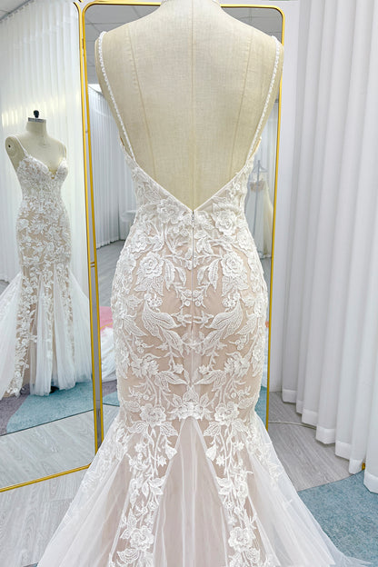Trumpet-Mermaid Chapel Train Lace Tulle Wedding Dress CW3276