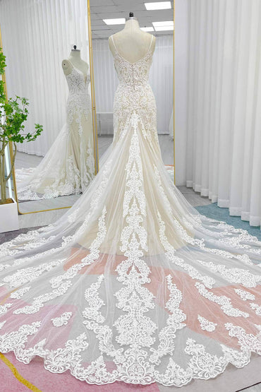 Trumpet-Mermaid Chapel Train Lace Tulle Wedding Dress CW3277 - COCOMELODY