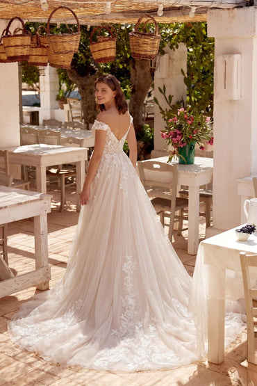 A-Line Chapel Train Lace Tulle Wedding Dress CW3278 - 45 Days / As Picture:Ivory/Nude / US0-UK2-EUR30 - COCOMELODY