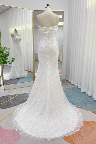 Trumpet-Mermaid Court Train Lace Satin Wedding Dress CW3280 - COCOMELODY