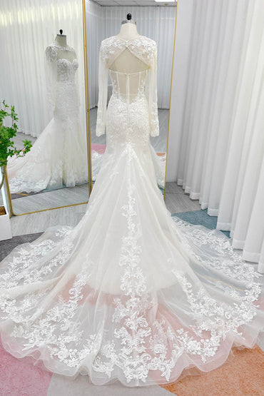 Trumpet-Mermaid Chapel Train Lace Tulle Wedding Dress CW3282 - COCOMELODY