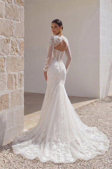 Trumpet-Mermaid Chapel Train Lace Tulle Wedding Dress CW3282 - 45 Days / As Picture:Ivory/Sand / US0-UK2-EUR30 - COCOMELODY