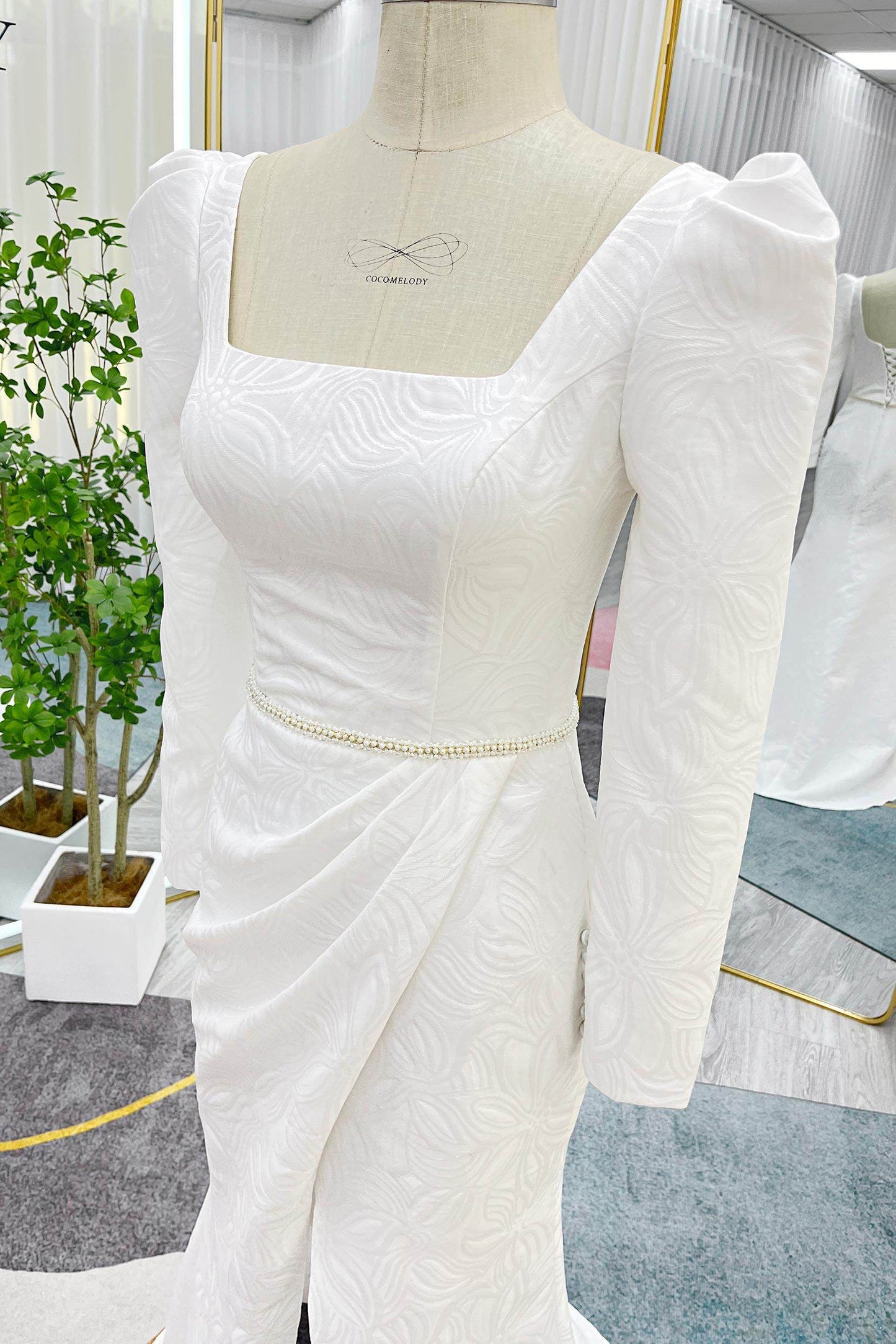 Mermaid Sweep-Brush Train Jacquard Satin Wedding Dress CW3284 - COCOMELODY