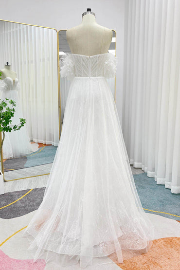 A-Line Sweep-Brush Train Lace Tulle Wedding Dress CW3285 - COCOMELODY