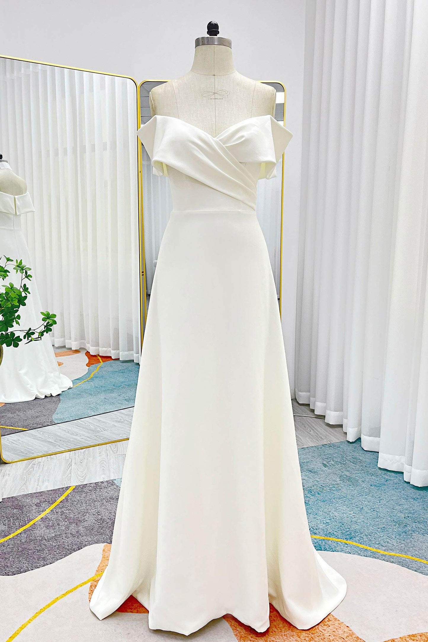 A-Line Sweep-Brush Train Stretch Satin Wedding Dress CW3286 - COCOMELODY