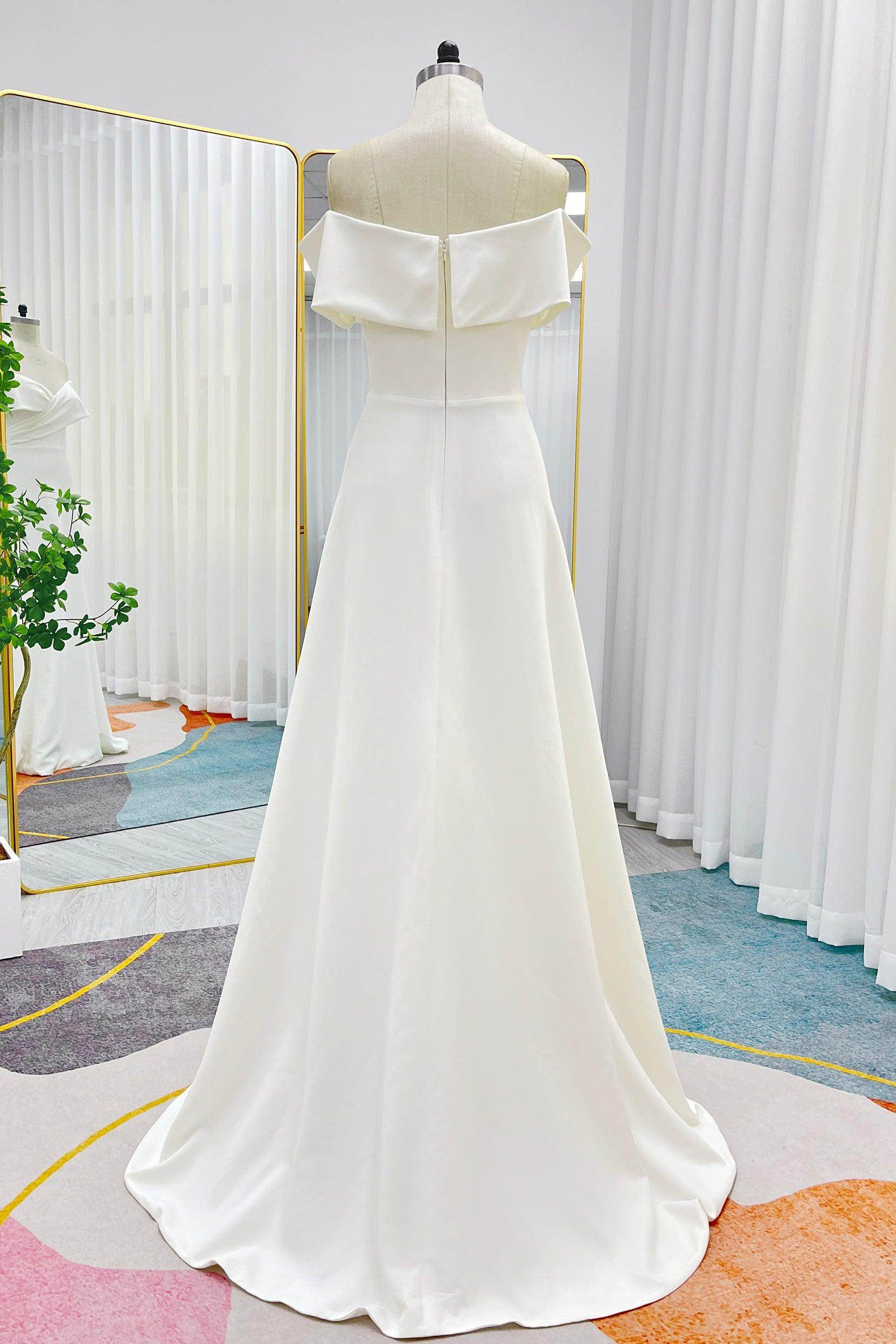 A-Line Sweep-Brush Train Stretch Satin Wedding Dress CW3286 - COCOMELODY