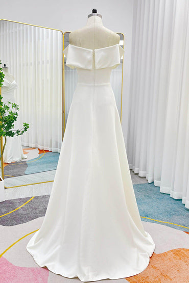 A-Line Sweep-Brush Train Stretch Satin Wedding Dress CW3286 - COCOMELODY