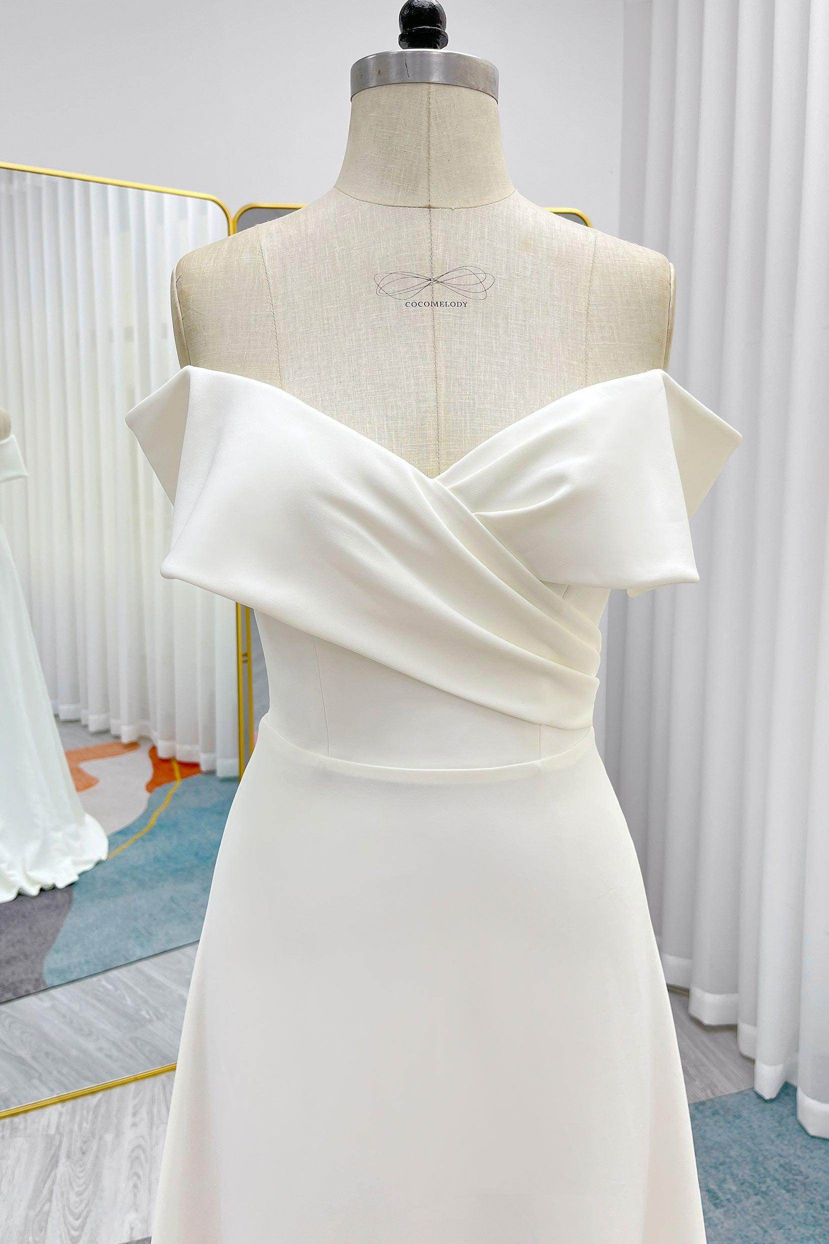 A-Line Sweep-Brush Train Stretch Satin Wedding Dress CW3286 - COCOMELODY