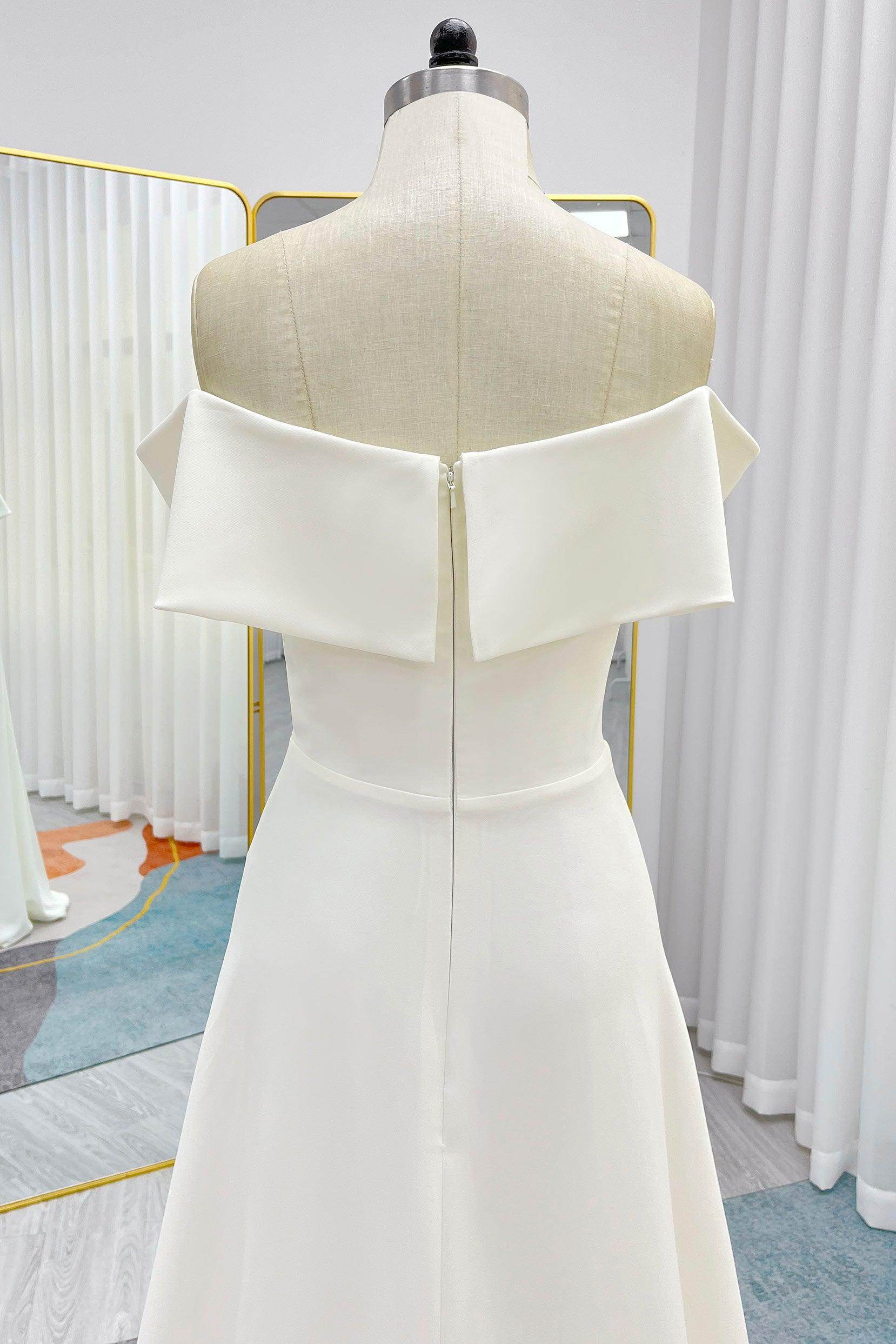 A-Line Sweep-Brush Train Stretch Satin Wedding Dress CW3286 - COCOMELODY