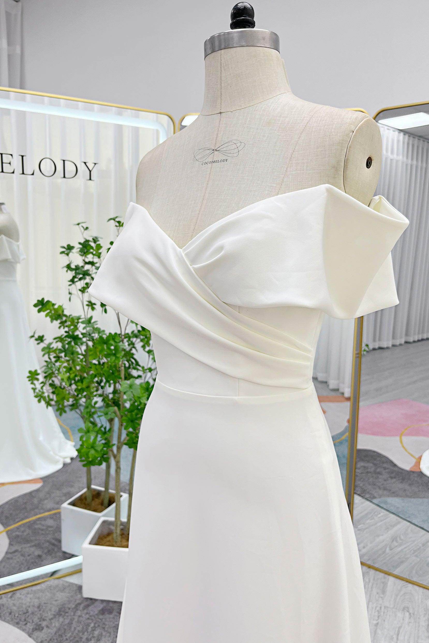 A-Line Sweep-Brush Train Stretch Satin Wedding Dress CW3286 - COCOMELODY