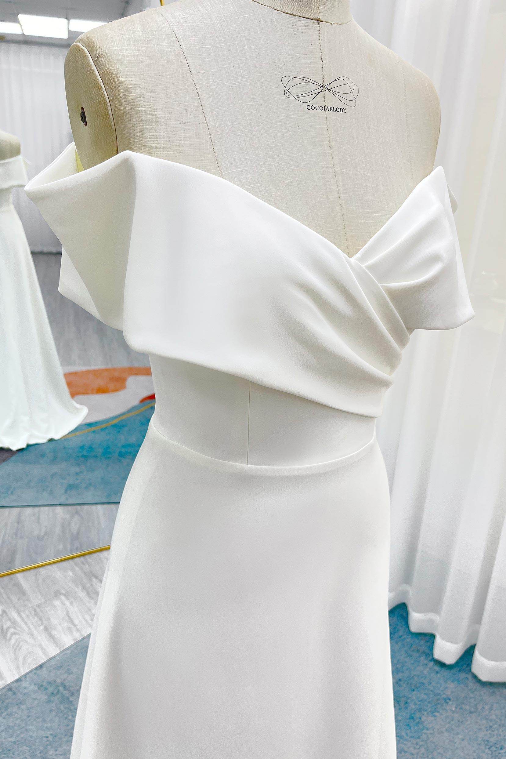 A-Line Sweep-Brush Train Stretch Satin Wedding Dress CW3286 - COCOMELODY