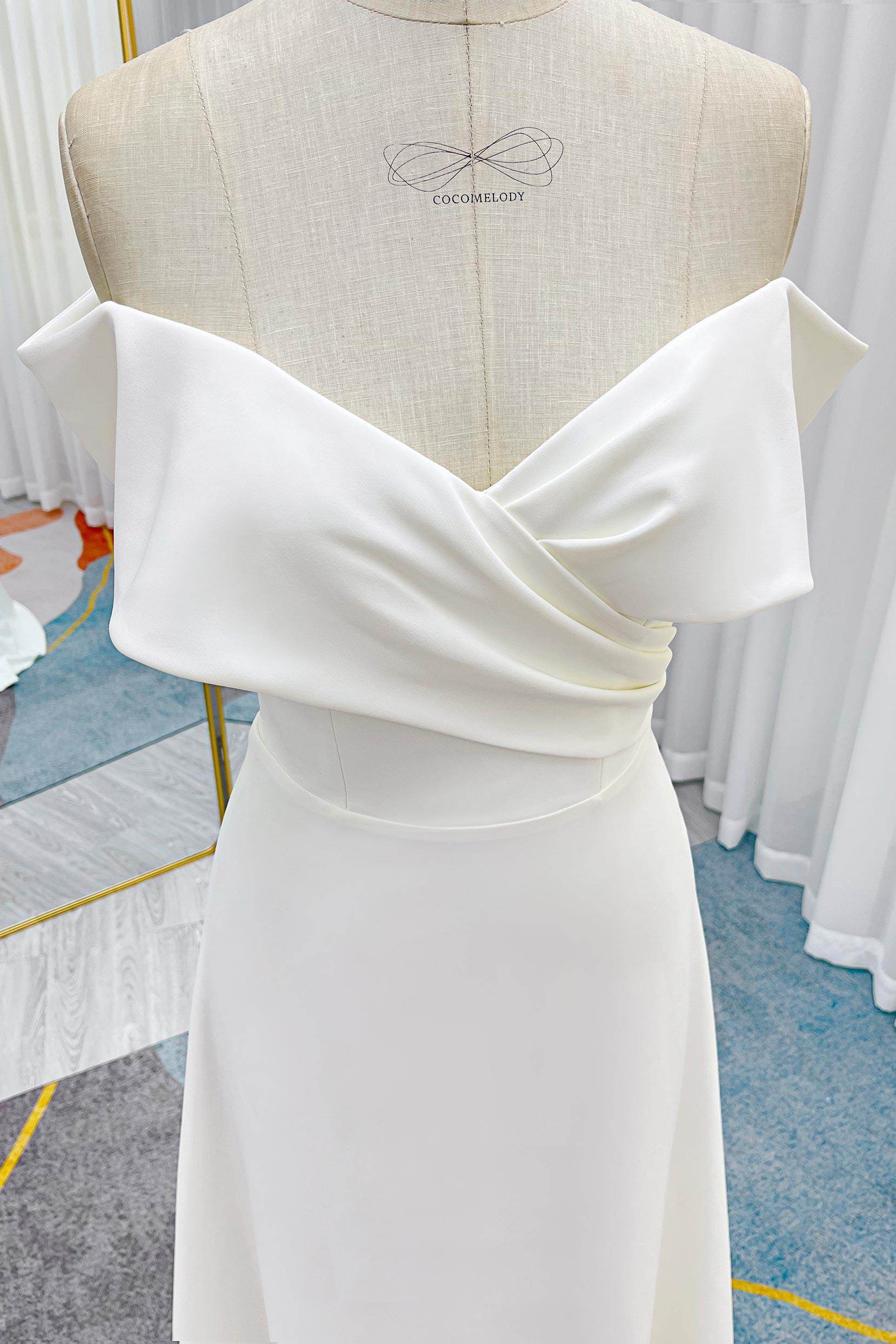 A-Line Sweep-Brush Train Stretch Satin Wedding Dress CW3286 - COCOMELODY