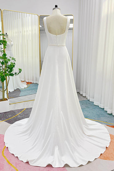 A-Line Sweep-Brush Train Stretch Satin Wedding Dress CW3287 - COCOMELODY
