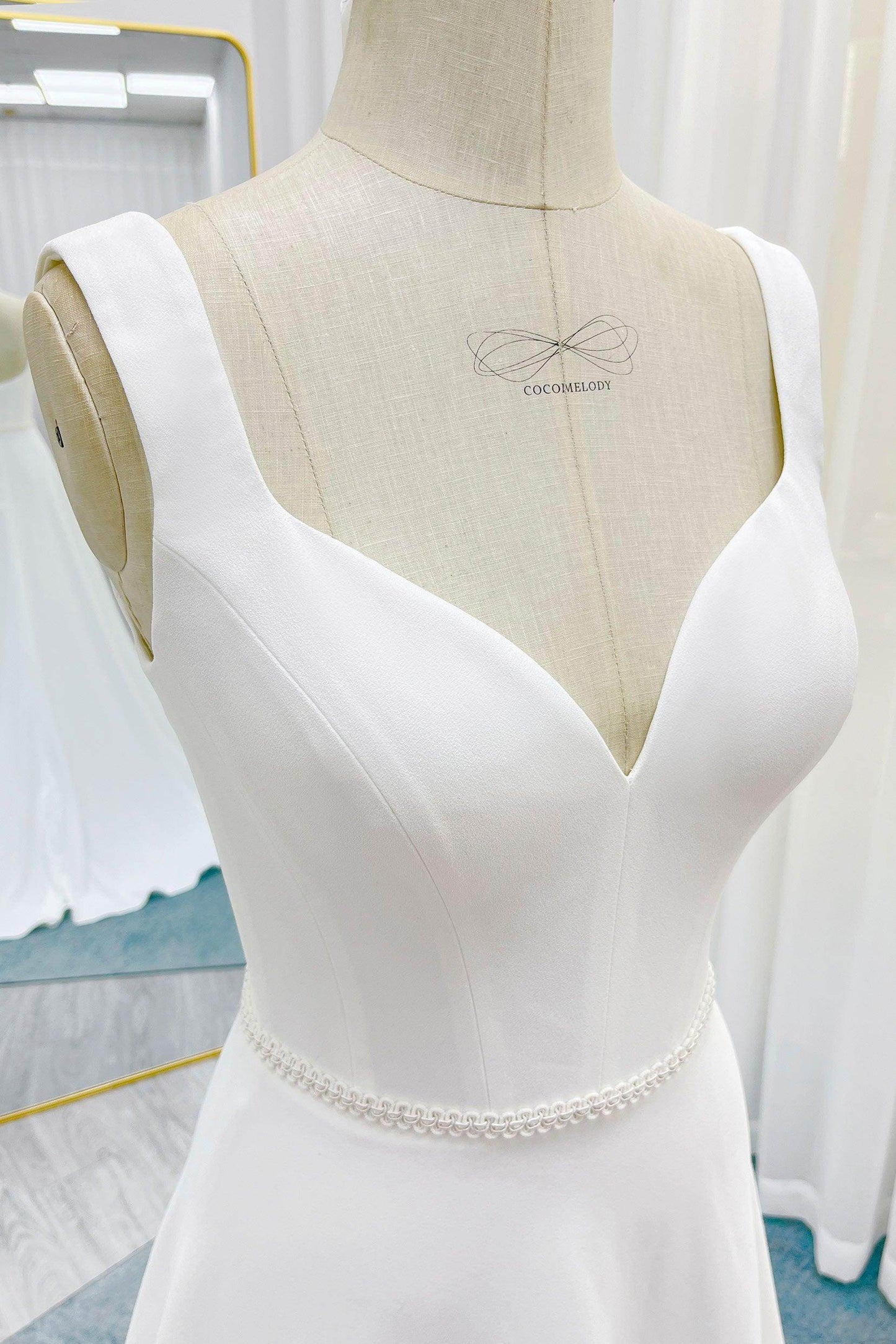 A-Line Sweep-Brush Train Stretch Satin Wedding Dress CW3287 - COCOMELODY