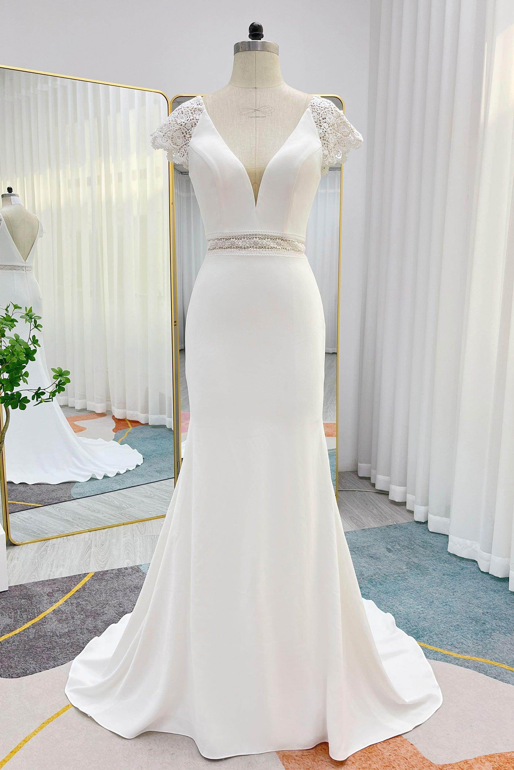 Mermaid V-Neck Court Train Stretch Satin Cap Sleeve Wedding Dress COCOMELODY CW3288, 35 Days / As Picture:Ivory / US14-UK16-EUR44 Mermaid V-Neck Court Train Stretch Satin Cap Sleeve Wedding Dress COCOMELODY CW3288, 35 Days / As Picture:Ivory / US14-UK16-EUR44