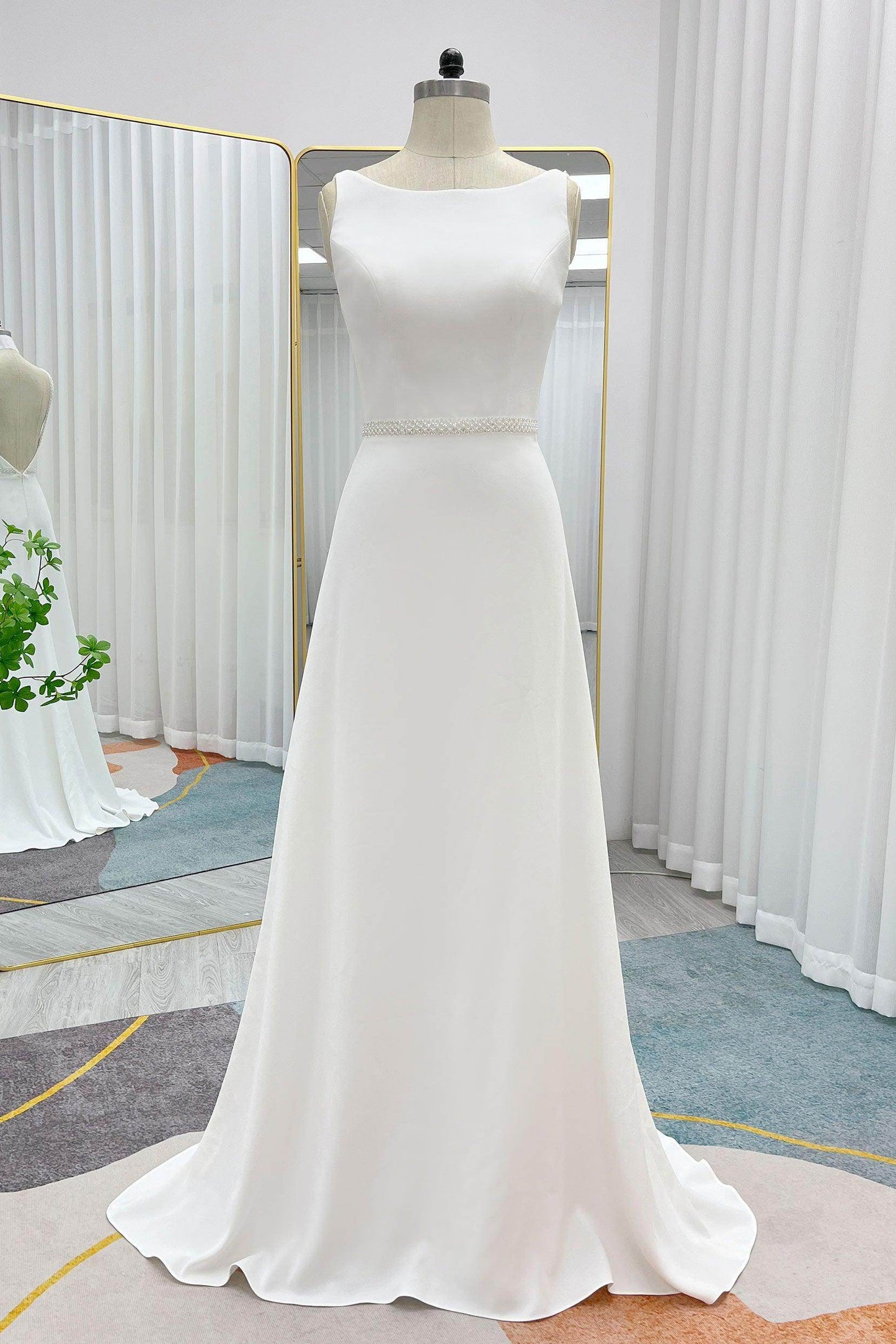 A-Line Sweep-Brush Train Stretch Satin Wedding Dress CW3292 - COCOMELODY