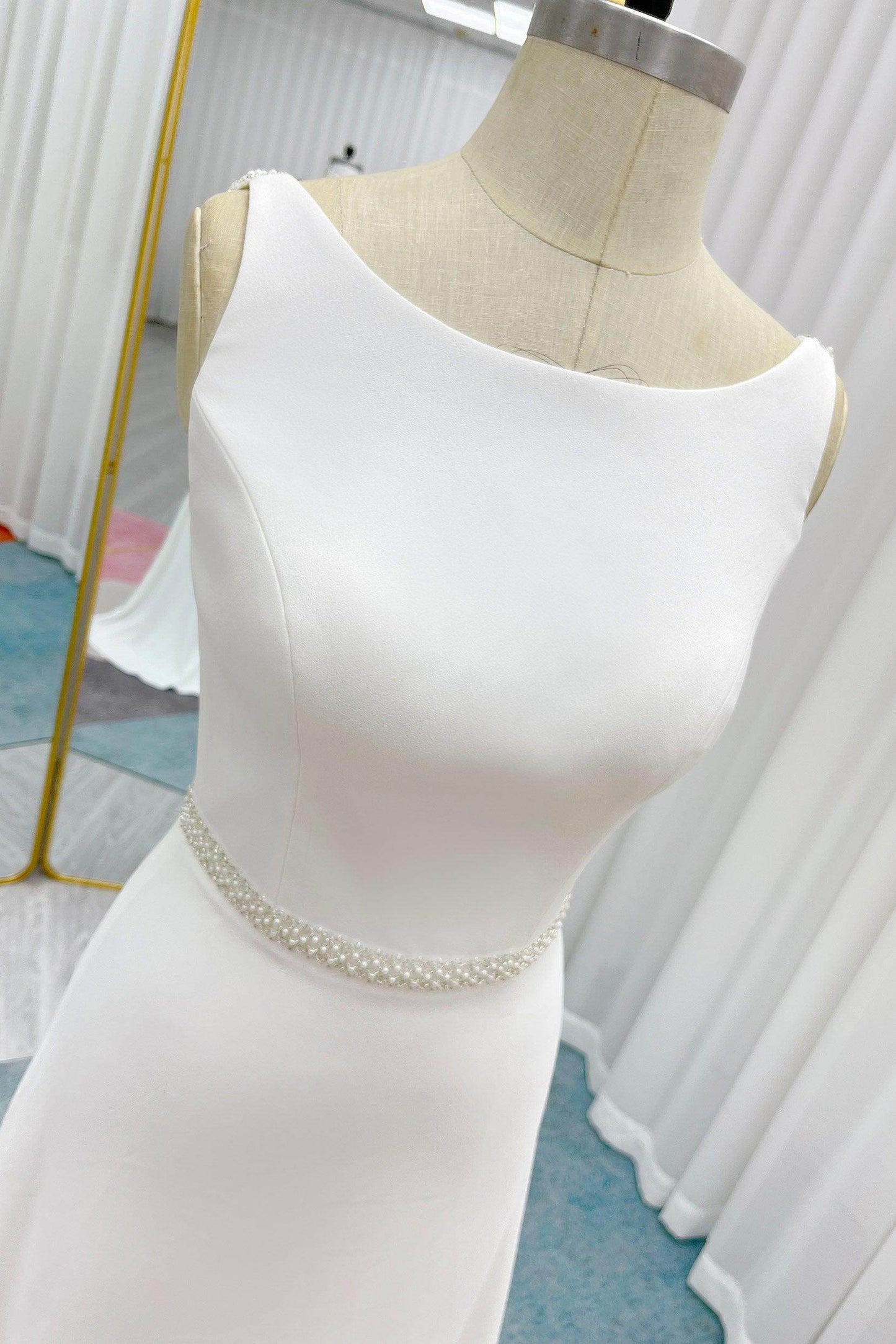 A-Line Sweep-Brush Train Stretch Satin Wedding Dress CW3292 - COCOMELODY