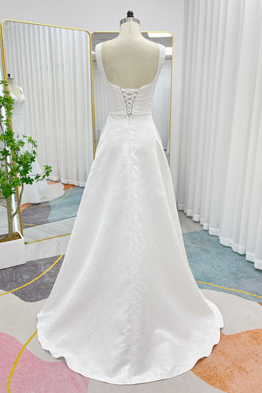 A-Line Sweep-Brush Train Jacquard Satin Wedding Dress CW3293