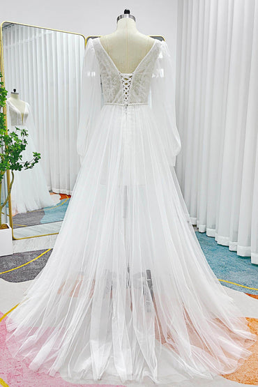 A-Line Sweep-Brush Train Lace Tulle Wedding Dress CW3295 - COCOMELODY