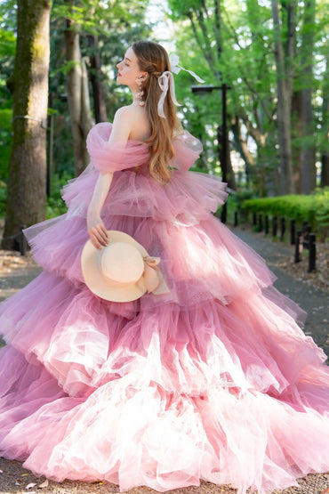 Ball Gown Court Train Tulle Wedding Dress CW3298 - 45 Days / Pink / US0-UK2-EUR30 - COCOMELODY