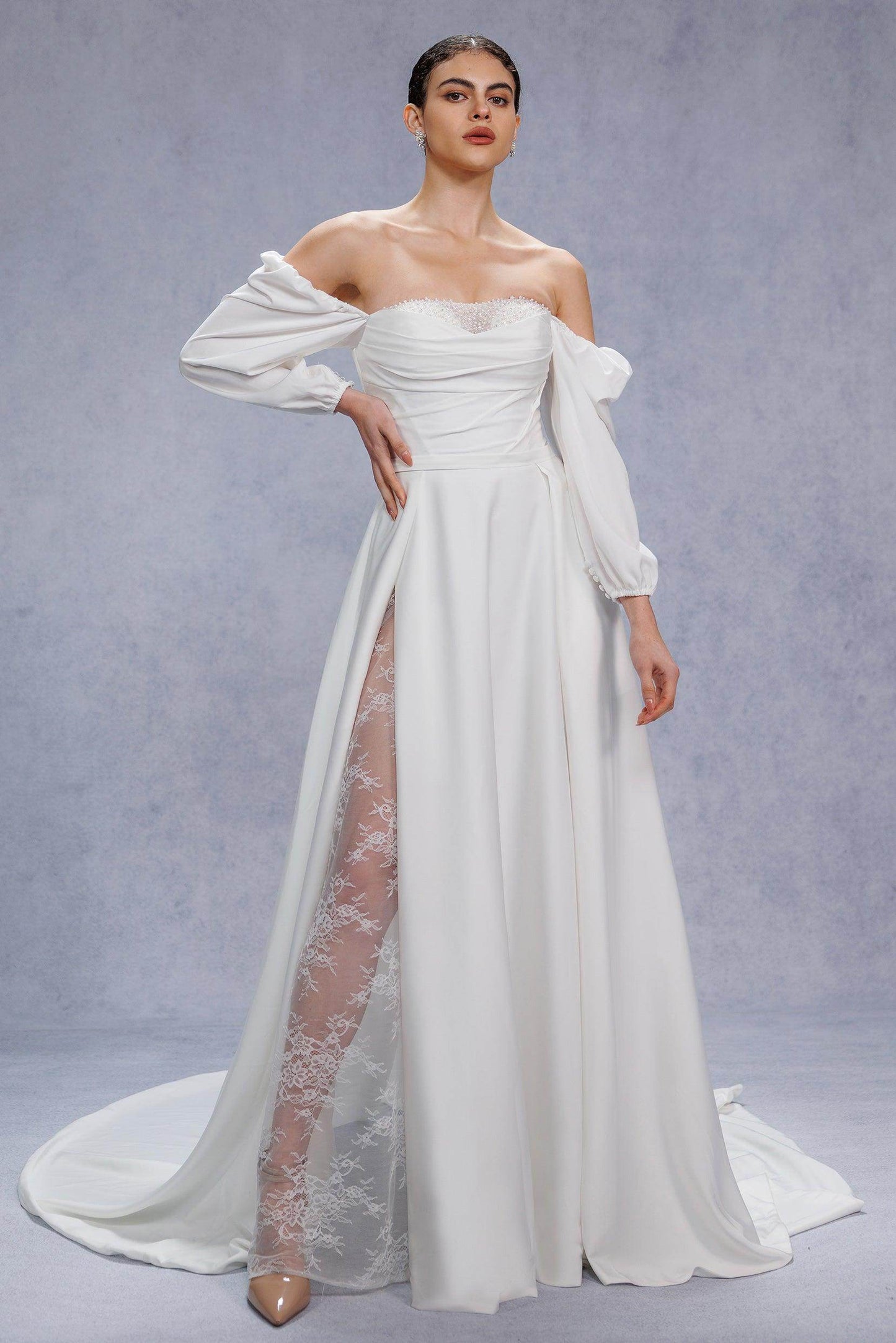 A-Line Court Train Satin Wedding Dress CW3329 - COCOMELODY