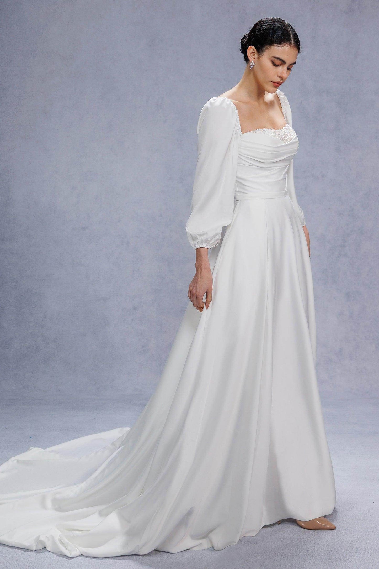 A-Line Court Train Satin Wedding Dress CW3329 - COCOMELODY
