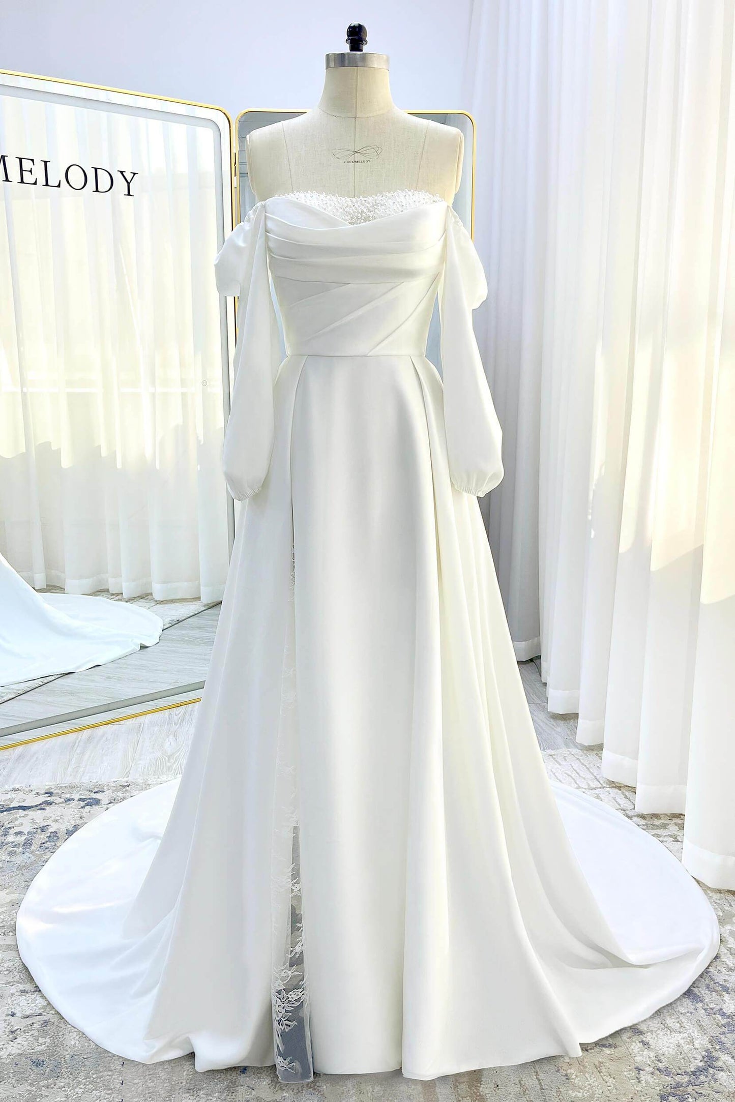 A-Line Court Train Satin Wedding Dress CW3329 - COCOMELODY