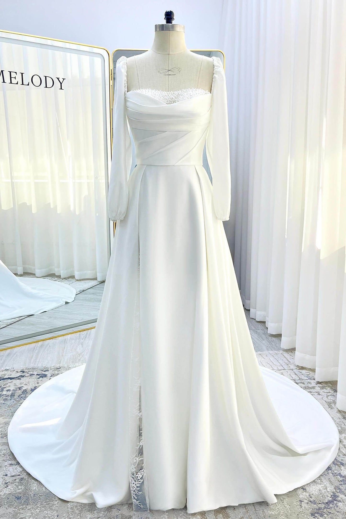 A-Line Court Train Satin Wedding Dress CW3329 - COCOMELODY