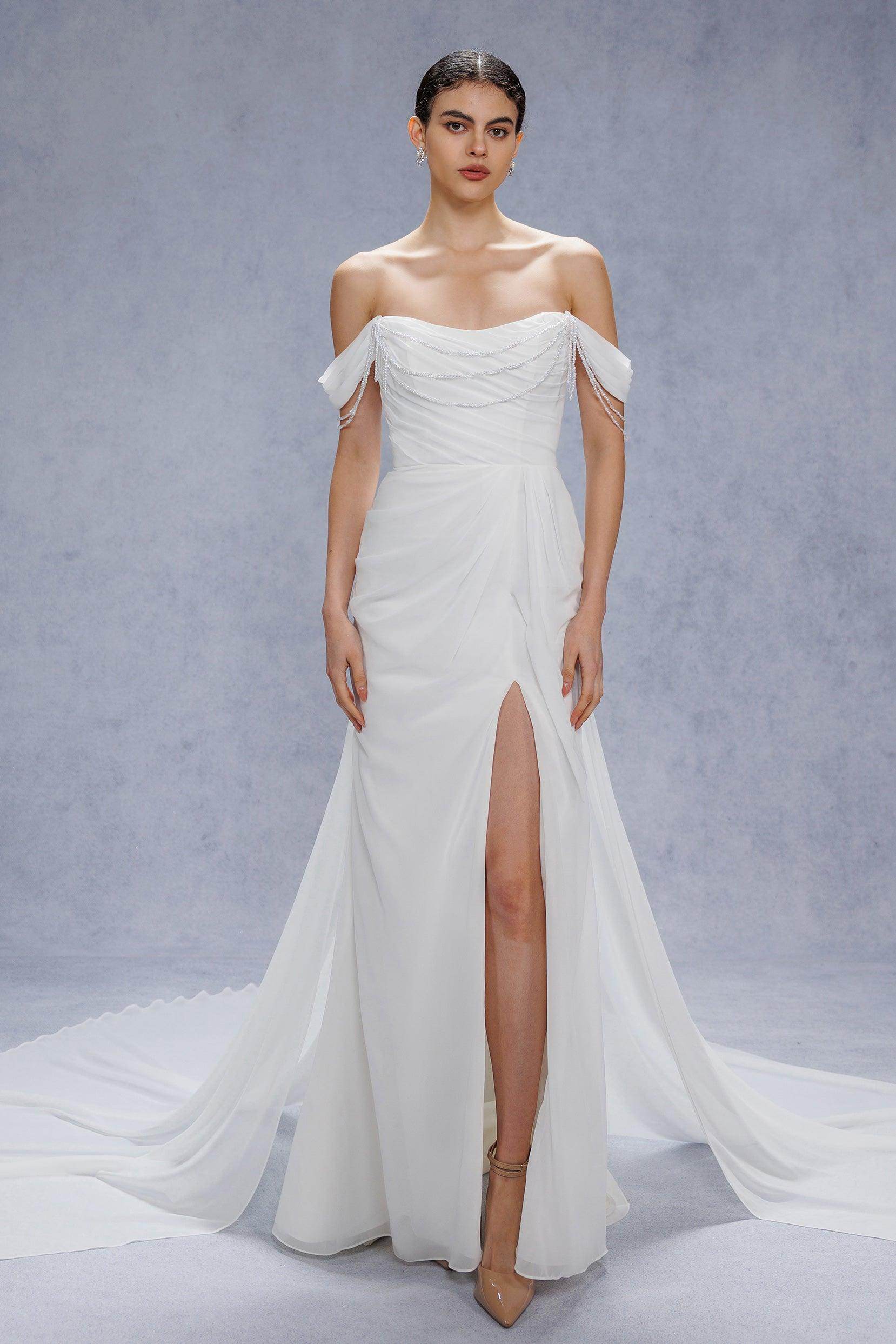 COCOMELODY Sheath-Column Chapel Train Chiffon Beach Wedding Dresses CW3330, 45 Days / Ivory / US12-UK14-EUR42 COCOMELODY Sheath-Column Chapel Train Chiffon Beach Wedding Dresses CW3330, 45 Days / Ivory / US12-UK14-EUR42
